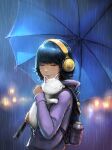  1girl absurdres animal bag black_hair blue_umbrella blurry blurry_background bob_cut bottle cat closed_eyes david_revoy earphones highres holding holding_animal jacket krita_(medium) lamppost original purple_jacket rain school_bag short_hair umbrella white_cat 