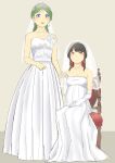  2girls absurdres alternate_costume alternate_hairstyle black_hair blue_bow blue_eyes blunt_bangs bow bridal_veil chair commentary_request corsage dress earrings elbow_gloves embroidered_dress embroidery flower gloves green_hair hair_bow hakurei_reimu hand_on_own_stomach highres holding_hands ips_cells jewelry kochiya_sanae medium_hair mokutan_(link_machine) multiple_girls necklace on_chair open_mouth parted_bangs pearl_necklace pregnant red_bow red_eyes sidelocks simple_background sitting sleeveless sleeveless_dress standing tiara touhou veil wedding_dress white_flower white_gloves wife_and_wife yuri 
