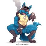  black_body black_fur black_nose blue_body blue_fur cigarette claws crazydrak eyewear feet fur generation_4_pokemon half-closed_eyes hi_res lucario male narrowed_eyes nintendo open_mouth pokemon pokemon_(species) red_eyes simple_background solo sunglasses teeth tongue yellow_body yellow_fur 