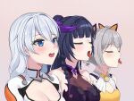  3girls :d bare_shoulders blue_eyes blush bodysuit bow breasts bronya_zaychik bronya_zaychik_(yamabuki_armor) cleavage cleavage_cutout closed_eyes clothing_cutout commentary_request drill_hair fake_horns grey_hair hair_bow halloween_costume homu_(honkai_impact) honkai_(series) honkai_impact_3rd horns hyunjjing imminent_fellatio kiana_kaslana kiana_kaslana_(white_comet) leotard long_hair multiple_girls open_mouth ponytail purple_hair purple_leotard raiden_mei raiden_mei_(lightning_empress) smile tongue tongue_out twin_drills upper_body very_long_hair white_bodysuit white_hair yellow_bow yellow_leotard 