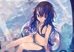  1girl akatsuki_(kancolle) bare_arms bare_legs bare_shoulders barefoot bikini black_bikini from_above hair_between_eyes highres innertube kaamin_(mariarose753) kantai_collection long_hair looking_at_viewer navel open_mouth purple_eyes purple_hair sidelocks solo swimsuit 