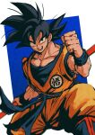 1boy absurdres black_eyes black_hair blue_background dougi dragon_ball feet_out_of_frame fighting_stance hair_up highres holding holding_pole long_hair looking_at_viewer male_focus muscular muscular_male open_mouth orange_robe outline pole relio_db318 robe short_sleeves smile solo son_goku twitter_username upper_body veins veiny_arms white_outline 