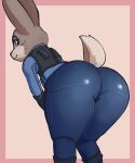  2023 anthro big_butt blush bottomwear butt butt_focus clothed clothing disney female fully_clothed fur glistening glistening_bottomwear glistening_clothing glistening_pants grey_body grey_fur hi_res judy_hopps lagomorph leporid looking_at_viewer looking_back mammal mohurin pants presenting presenting_hindquarters rabbit smile smiling_at_viewer solo thick_thighs tight_bottomwear tight_clothing tight_pants zootopia 