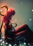  1girl breasts cleavage closed_eyes dress flower grass highres knees_up long_hair long_sleeves nier nier_(series) on_ground own_hands_together popola red_hair sitting solo staff unf_(unotfound_404) wide_sleeves 