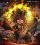  1girl absurdres animal_ear_fluff animal_ears animal_hands bell braid brown_hair brown_tail facial_mark fox_ears fox_girl fox_tail freckles funuyu glowing glowing_eyes hat highres japanese_clothes jyushimatsu&#039;s_girlfriend kemonomimi_mode kitsune kyuubi long_hair multiple_tails neck_bell open_mouth osomatsu-san paw_pose red_eyes smile spiral_blush_stickers tail tokin_hat 