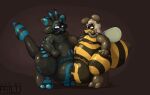  2023 air_valve animate_inanimate anthro arthropod arthropod_abdomen bee big_bulge black_body bulge bulge_frottage chubby_male drone duo eyes_closed gas_mask generation_7_pokemon hand_on_shoulder happy hi_res huge_bulge hymenopteran hyper hyper_bulge inflatable insect latex legendary_pokemon living_inflatable lock_symbol male male/male mask nintendo nulge null_bulge number_on_body pokemon pokemon_(species) rubber_body rubber_creature signature simple_background solgaleo striped_body stripes tail text_on_body visor watermark wings yellow_body 