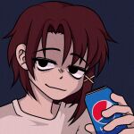  1girl asymmetrical_hair bags_under_eyes black_eyes blue_background brown_hair can closed_mouth commentary cryptidhermit english_commentary eyelashes hair_ornament holding holding_can iwakura_lain pepsi serial_experiments_lain shirt single_sidelock smile soda_can solo upper_body white_shirt x_hair_ornament 