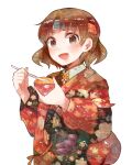  1girl blush brown_eyes brown_hair chiyoda_(kancolle) food headband holding holding_food holding_spoon itomugi-kun japanese_clothes kantai_collection kimono long_sleeves official_alternate_costume open_mouth red_kimono short_hair simple_background smile solo spoon upper_body white_background 