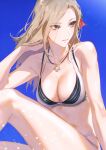  1girl akiyoshi_haru alternate_costume blonde_hair blue_background breasts brown_eyes cleavage closed_mouth collarbone commentary facing_viewer flower hair_flower hair_ornament hand_in_own_hair jewelry kisara_(tales) large_breasts long_hair necklace sidelocks simple_background solo swimsuit symbol-only_commentary tales_of_(series) tales_of_arise 