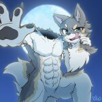  1:1 2020 abs acky05 animate_inanimate anthro blue_eyes canid canine canis detachable detachable_head featureless_crotch full_moon fur hand_on_head headless hi_res holding_head hollow_body kemono living_fursuit looking_at_viewer male mammal moon solo tongue tongue_out white_body white_fur wolf 