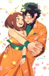  0806ako 1boy 1girl absurdres bad_source blush boku_no_hero_academia bow brown_eyes brown_hair couple dress green_bow green_eyes green_hair highres holding_behind_back holding_hands jacket midoriya_izuku open_mouth short_hair smile the_lovers_(tarot) uraraka_ochako white_background yellow_dress yellow_jacket 