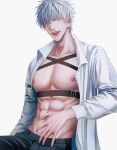  1boy abs black_pants blue_eyes chest_harness english_commentary gojou_satoru hand_on_own_stomach harness highres jujutsu_kaisen large_pectorals long_sleeves looking_at_viewer male_focus mature_male muscular muscular_male navel nipples open_clothes open_mouth open_shirt pants pectorals shirt short_hair sitting smile solo teeth white_background white_hair white_shirt zhhy3324 