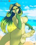  animated anthro balls beach blonde_hair blue_hair dragon erect_nipples erection female finger_on_penis flowing_hair genitals glistening glistening_genitalia glistening_penis green_body green_scales green_skin gynomorph hair hand_on_penis herm hi_res horn humanoid intersex joyce_(totesfleisch8) light looking_at_viewer nipples ombre_hair penis red_eyes scales seaside solo stroking_penis sunlight touching_penis umbraunderscore vein veiny_penis 