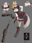  3:4 absurd_res anthro big_breasts blonde_hair boots brassiere breasts brown_nose canid canine canis clothing dress female footwear fur gfox404 grey_body grey_fur gun hair hi_res legwear mammal purple_eyes ranged_weapon red_clothing solo stockings underwear weapon white_body white_fur wolf 