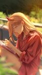  1girl absurdres alternate_costume blonde_hair blurry blurry_background chainsaw_man closed_mouth commentary_request demon_horns highres horns kozzz_y long_hair naked_shirt notebook orange_eyes outdoors power_(chainsaw_man) profile red_horns red_shirt shirt sitting sleeves_rolled_up solo sunlight writing 