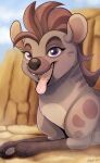  2018 ambiguous_gender bust_portrait detailed_background disney eyebrows ezpups fangs feral fur hi_res hyena jasiri_(the_lion_guard) lying mammal on_front open_mouth open_smile pawpads paws portrait rock round_ears sharp_teeth smile snout solo spots spotted_body spotted_fur teeth the_lion_guard the_lion_king tongue tongue_out 