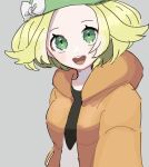  1girl :d beret bianca_(pokemon) blonde_hair bow commentary_request eneko_(olavcnkrpucl16a) eyelashes green_eyes green_headwear grey_background hat hat_bow highres hood hooded_jacket jacket open_mouth orange_jacket outstretched_arm pokemon pokemon_(game) pokemon_bw2 selfie short_hair smile solo teeth tongue upper_body upper_teeth_only wavy_eyes white_bow 