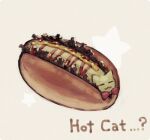  100:93 2016 :3 amamidori ambiguous_gender animate_inanimate armless bow_tie bow_tie_only brown_body brown_text digital_media_(artwork) digital_painting_(artwork) ellipsis english_text eyes_closed felid feline feral food food_creature hot_cat_(undertale) hot_dog hot_dog_bun legless limbless low_res mammal meat mostly_nude noseless prick_ears question_mark red_bow_tie relish_(food) restricted_palette simple_background solo star tailless tan_body text undertale undertale_(series) white_background 