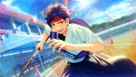  1boy blue_hair blush chair cowboy_shot dark_blue_hair ensemble_stars! fingernails fushimi_yuzuru happy_elements headband holding looking_at_viewer male_focus mole mole_under_eye official_art open_mouth outdoors purple_eyes red_headband short_bangs short_hair short_sleeves solo sports_festival_3_(ensemble_stars!) string_of_flags sweat table teeth third-party_source traffic_cone 