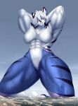  2022 absurd_res anthro big_muscles blue_body blue_fur breasts city featureless_breasts felid female fur giga hair hi_res huge_muscles kneeling kneeling_on_ground landscape landscape_dwarfing looking_down macro mammal muscular muscular_anthro muscular_female pantherine purple_body purple_fur solo solutionwcs striped_body striped_fur stripes taimu_(curioustorvald) tiger white_body white_fur white_hair 