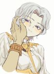  2boys absurdres blush brothers closed_mouth dark_souls_(series) dark_souls_i dark_souls_iii dark_sun_gwyndolin gold_necklace grey_hair hand_on_another&#039;s_cheek hand_on_another&#039;s_face highres jewelry multiple_boys nameless_king necklace otoko_no_ko parted_bangs purple_eyes short_hair siblings simple_background smile solo_focus upper_body white_background zunkome 