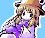  1girl :3 alternate_eye_color blonde_hair blue_background blue_eyes brown_headwear closed_mouth commentary dutch_angle hands_up hat hatching_(texture) linear_hatching long_hair meta&#039;36 miniskirt moriya_suwako oekaki purple_skirt purple_vest simple_background skirt sleeves_past_wrists solo sweater thighhighs touhou vest white_sweater white_thighhighs wide_sleeves 