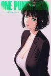 1girl artist_name black_hair black_jacket bob_cut breasts cleavage collarbone copyright_name cover english_commentary fake_magazine_cover fubuki_(one-punch_man) green_eyes highres jacket large_breasts looking_at_viewer magazine_cover mostlybluewyatt one-punch_man parted_lips shirt short_hair solo upper_body white_shirt 