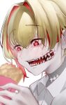  1girl blonde_hair bright_pupils collared_shirt colored_sclera crepe crossed_bangs curtained_hair food from_side glasgow_smile highres holding holding_food looking_at_food monster_girl multicolored_hair open_mouth original red_eyes red_hair red_sclera saliva scar scar_on_neck sharp_teeth shirt solo streaked_hair teeth transparent_background user_tomuanago white_background white_pupils white_shirt 
