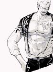  1boy abs absurdres blonde_hair cowboy_shot cup donquixote_doflamingo drinking_glass earrings grin hand_on_own_hip highres holding holding_cup jewelry male_focus mature_male monochrome muscular muscular_male nowosuke one_piece open_clothes patterned_clothing pectorals short_hair simple_background smile sunglasses white_background 