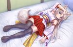  1girl animal_ear_fluff animal_ears arm_up bare_shoulders bed bell black_thighhighs blue_eyes blush closed_mouth detached_sleeves fox_ears fox_girl fox_tail full_body grey_hair hair_bell hair_between_eyes hair_ornament highres indoors iroha_(iroha_matsurika) japanese_clothes jingle_bell kimono long_hair long_sleeves looking_at_viewer lying no_shoes nontraditional_miko obi on_back on_bed original parted_bangs pillow pleated_skirt red_skirt ribbon-trimmed_legwear ribbon-trimmed_sleeves ribbon_trim sash skirt sleeveless sleeveless_kimono smile solo tabi tail thighhighs twitter_username very_long_hair white_kimono white_sleeves wide_sleeves 