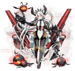  1girl abyssal_ship black_necktie breasts character_name claws colored_skin enemy_aircraft_(kancolle) fast_light_carrier_water_demon full_body glowing grey_hair grey_skin hair_bobbles hair_ornament horns kantai_collection long_hair medium_breasts necktie oso_(toolate) red_eyes simple_background tail twitter_username very_long_hair web_address white_background 