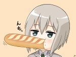  1girl absurdres aoba_moca baguette bang_dream! blazer blush bread brown_background collared_shirt commentary_request diagonal-striped_necktie eating food food_on_face goom_(goomyparty) green_necktie grey_eyes grey_hair grey_jacket hair_between_eyes highres jacket necktie portrait shirt signature simple_background solo white_shirt 