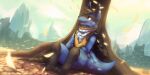  2:1 anthro black_body black_fur black_hair blue_body blue_fur blue_kerchief blue_neckerchief fur generation_4_pokemon hair hi_res kerchief kuttoyaki looking_up lucario male neckerchief nintendo open_mouth open_smile outside plant pokemon pokemon_(species) red_eyes signature sitting smile solo tree white_kerchief white_neckerchief yellow_body yellow_fur 