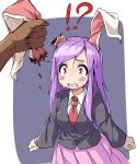  !? 1girl 1other animal_ears berazasu black_jacket blazer blood blush collared_shirt commentary_request cookie_(touhou) cowboy_shot grey_background hisui_(cookie) holding_ear jacket long_hair long_sleeves medium_bangs open_mouth pink_eyes pink_skirt pleated_skirt purple_eyes purple_hair rabbit_ears rabbit_girl reisen_udongein_inaba ryona severed_ear shirt skirt solo_focus swept_bangs touhou two-tone_background very_long_hair white_background white_shirt 