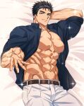  1boy abs arm_behind_back bara bare_pectorals beckoning bed belt black_hair blue_eyes blue_shirt brown_belt dakimakura_(medium) domo_(domo_kizusuki) eyelashes highres kokado_shido_(domo) large_pectorals looking_at_viewer lying male_focus muscular muscular_male navel nipples on_back on_bed open_clothes open_shirt original pants pectorals shirt short_hair sideburns smile solo sparkle thick_eyebrows unbuttoned unbuttoned_shirt veins white_pants 