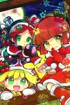  3girls ahoge amitie_(puyopuyo) andou_ringo arle_nadja blonde_hair bow brown_eyes brown_hair brown_mittens candy candy_cane capelet carbuncle_(puyopuyo) christmas christmas_stocking doradorakingyo drill_hair eyelashes finger_to_mouth food full_moon gift green_bow green_eyes green_headwear hair_ornament hairclip hat holding holding_gift holding_sock mistletoe mittens moon multiple_girls over_shoulder party_popper ponytail puyo_(puyopuyo) puyopuyo puyopuyo_7 puyopuyo_fever puyopuyo_quest red_capelet red_headwear red_mittens santa_costume santa_hat shushing snowflakes star_in_mouth twin_drills twitter_username white_bag white_mittens 