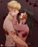  1boy 1girl amesbloom black_hair blonde_hair blood blood_on_clothes blood_on_face blood_on_hands bloody_handprints breasts hetero highres holding hug husband_and_wife large_breasts long_hair looking_at_another open_mouth shirt short_hair spy_x_family twilight_(spy_x_family) yor_briar 