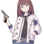  1girl belt black_shirt breasts brown_hair closed_mouth commentary_request frown gun hand_in_pocket highres holding holding_gun holding_weapon jacket kiruko_(tengoku_daimakyou) long_bangs long_hair looking_at_viewer medium_breasts polano_engine shirt tengoku_daimakyou weapon white_background 