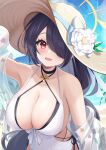  1girl :d absurdres arm_at_side arm_up armpits bare_shoulders beach black_choker black_hair blue_archive blush bow breasts choker cleavage collarbone criss-cross_halter day elegant_(sumisumi4268) eyelashes flower hair_over_one_eye halo halterneck hand_on_headwear hat hat_flower hat_ribbon highres hinata_(blue_archive) hinata_(swimsuit)_(blue_archive) huge_breasts large_hat layered_swimsuit long_hair looking_at_viewer one-piece_swimsuit one_eye_covered open_mouth outdoors red_eyes ribbon see-through skindentation smile solo spaghetti_strap sun_hat swimsuit two-tone_swimsuit upper_body very_long_hair white_bow white_flower yellow_halo 