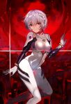  1girl ayanami_rei blue_eyes bodysuit breasts highres interface_headset looking_at_viewer neon_genesis_evangelion plugsuit red_background red_eyes short_hair solo tarbo_(exxxpiation) white_bodysuit 