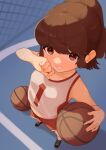  1girl :d absurdres ball basket basketball basketball_court black_footwear brown_eyes brown_hair clenched_teeth commentary_request dekasuji dolphin_shorts foreshortening freckles from_above highres holding holding_ball holding_basket lynn_loud ponytail red_shorts shoes shorts smile sneakers socks solo sweat tank_top teeth the_loud_house variant_set white_socks white_tank_top 