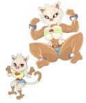  abs angry anthro big_breasts bottomwear breasts brown_body clothing cross-popping_vein duo female fur generation_1_pokemon hi_res huge_breasts mankey muscular muscular_female nintendo pokeball pokemon pokemon_(species) primeape red_eyes shirt shorts simple_background tail topwear urusee584 white_background white_body white_fur 