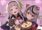  2girls black_coat black_gloves black_hair blush braid breasts cleavage_cutout clothing_cutout coat cropped_shirt food gloves grey_hair hair_bun hair_ornament holding holding_spoon hololive long_hair looking_at_viewer multicolored_hair multiple_girls murasaki_shion murasaki_shion_(1st_costume) mushroom_on_head nail_polish open_mouth red_coat red_eyes red_nails sakamata_chloe sakamata_chloe_(1st_costume) shirt single_braid single_hair_bun small_breasts smile soup spoon streaked_hair striped striped_shirt teeth tonton_utaro two-sided_coat two-sided_fabric upper_teeth_only vertical-striped_shirt vertical_stripes virtual_youtuber x_hair_ornament yellow_eyes 