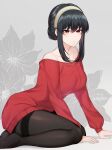  1girl absurdres bare_shoulders black_hair black_pantyhose collarbone hair_between_eyes hairband highres long_hair long_sleeves pantyhose parted_lips red_eyes red_sweater sakotach sitting solo spy_x_family sweater thighband_pantyhose yellow_hairband yokozuwari yor_briar 