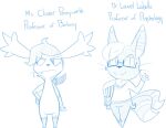  2014 2_tails anthro biped blue_and_white blue_text character_name chokovit_(artist) clothing clover_pennyworth digital_drawing_(artwork) digital_media_(artwork) english_text felid female frown fur generation_4_pokemon generation_6_pokemon hair legendary_pokemon louvel_labelle male mammal meowstic monochrome multi_tail nintendo nude pokemon pokemon_(species) professor shaymin sketch sky_forme_shaymin smoking solo standing sweater tail text topwear whiskers 