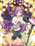  1girl bat_wings belt black_footwear black_pants black_wings blue_eyes braided_hair_rings breasts brown_belt capri_pants copyright demon_girl demon_horns demon_wings green_ribbon hair_ribbon hands_on_own_chest horns knees_together_feet_apart large_breasts long_hair microphone microphone_stand music official_art open_mouth own_hands_together pants pop_filter print_shirt purple_hair ribbon shirt shoes singing solo sparkle stage_lights standing studio_microphone t-shirt takase_kou track_pants white_shirt wings z/x 