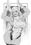  1girl absurdres animal_ears armpits arms_up bare_shoulders boku_no_hero_academia breasts covered_abs covered_navel crescent_print fur_collar gloves greyscale highleg highleg_leotard highres large_breasts leotard long_eyelashes long_hair looking_at_viewer mirko monochrome muscular muscular_female open_mouth parted_bangs pointing pointing_up rabbit_ears rabbit_girl signature sleeveless_turtleneck_leotard smile solo speedl00ver taut_leotard teeth thick_thighs thighhighs thighs 
