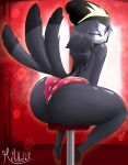  2022 absurd_res anthro avian avian_demon beanie big_butt bird butt clothing eyebrows feathers female furniture hair hat headgear headwear helluva_boss hi_res mrmelted n-ronin octavia_(helluva_boss) owl owl_demon pink_sclera solo stool tail_feathers thick_thighs 