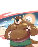  2023 anthro beach belly big_belly borkbiscuits bottomwear brown_body clothing eyes_closed hi_res male mammal moobs mustelid navel nipples otter outside overweight overweight_male palm_tree plant seaside shorts solo sun swimwear tree 