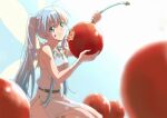  ahoge ankle_cuffs bangs bare_legs bare_shoulders belt benriya_saitou-san_isekai_ni_iku blue_eyes blue_hair blue_sky blurry breasts cherry depth_of_field dress eating fairy fairy_wings food food_on_face frills fruit grey_dress hair_between_eyes holding holding_food kneeling lafanpan lens_flare messy_hair no_nose randorii shadow side_slit size_difference sky small_breasts twintails wings wrist_cuffs 